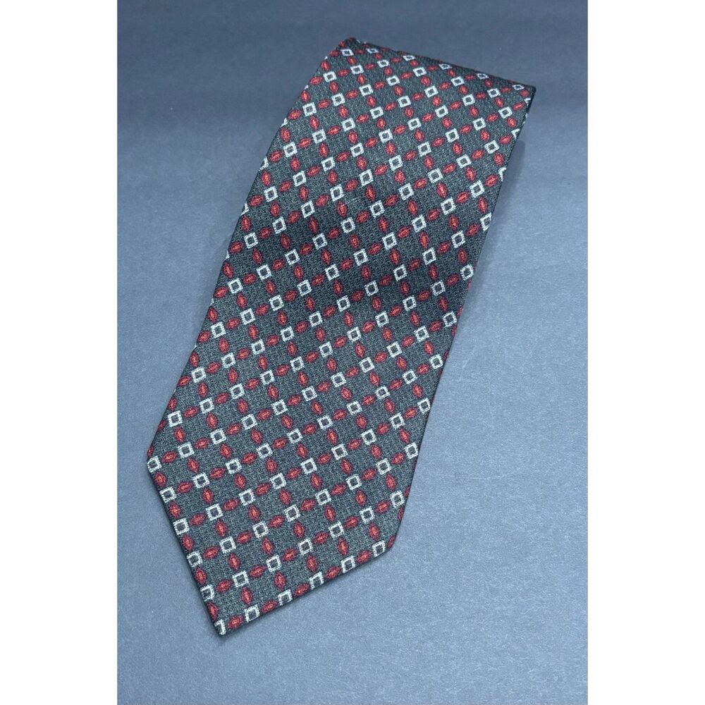Britches of Georgetown Woven Silk Tie – Gray with Red & White Geometric– Vintage